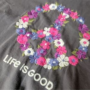 EMBROIDERED FLORAL PEACE SIGN PINK GRAY LONG SLEEVE LIFE IS GOOD XL TSHIRT EXTRA